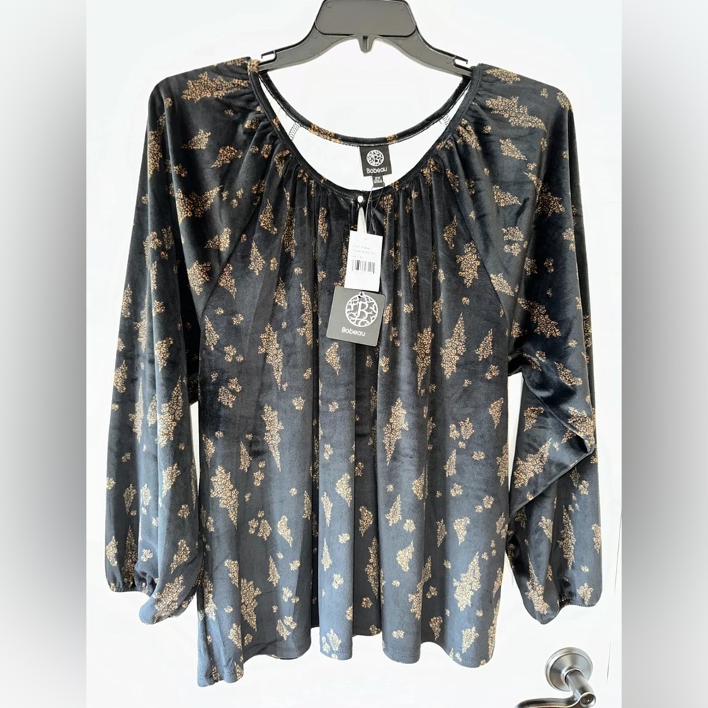 Bobeau Women's 2X Long Sleeve Keyhole Top Peasant Boho Floral Black Multi NEW